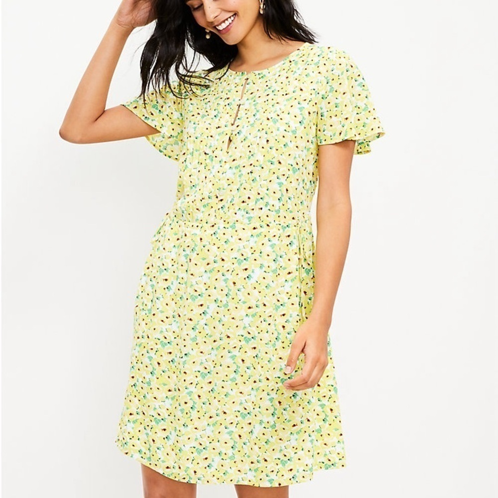 Loft Cheerful Bright Yellow and Green Floral Dress Size Small